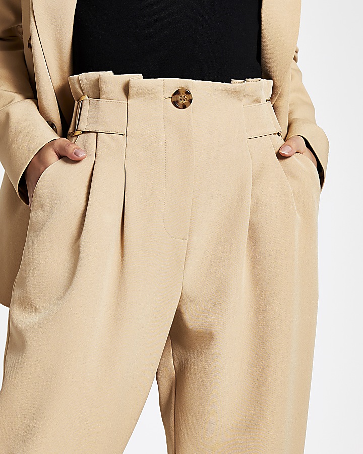 Beige buckle side tapered peg trousers