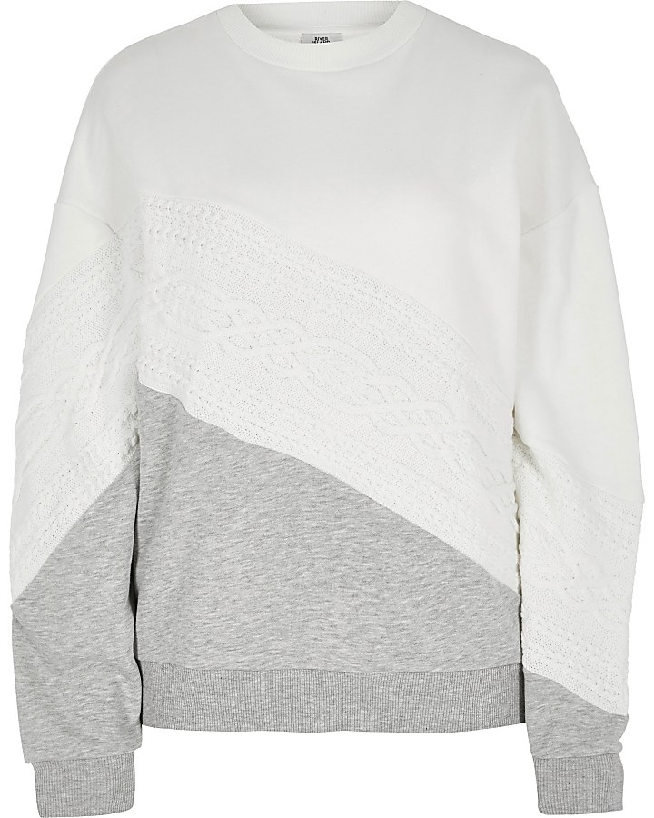 Cream colour blocked cable knitted sweatshirt