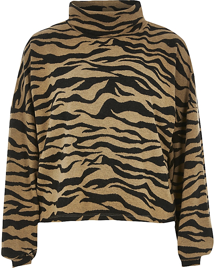 Brown animal print high neck sweatshirt