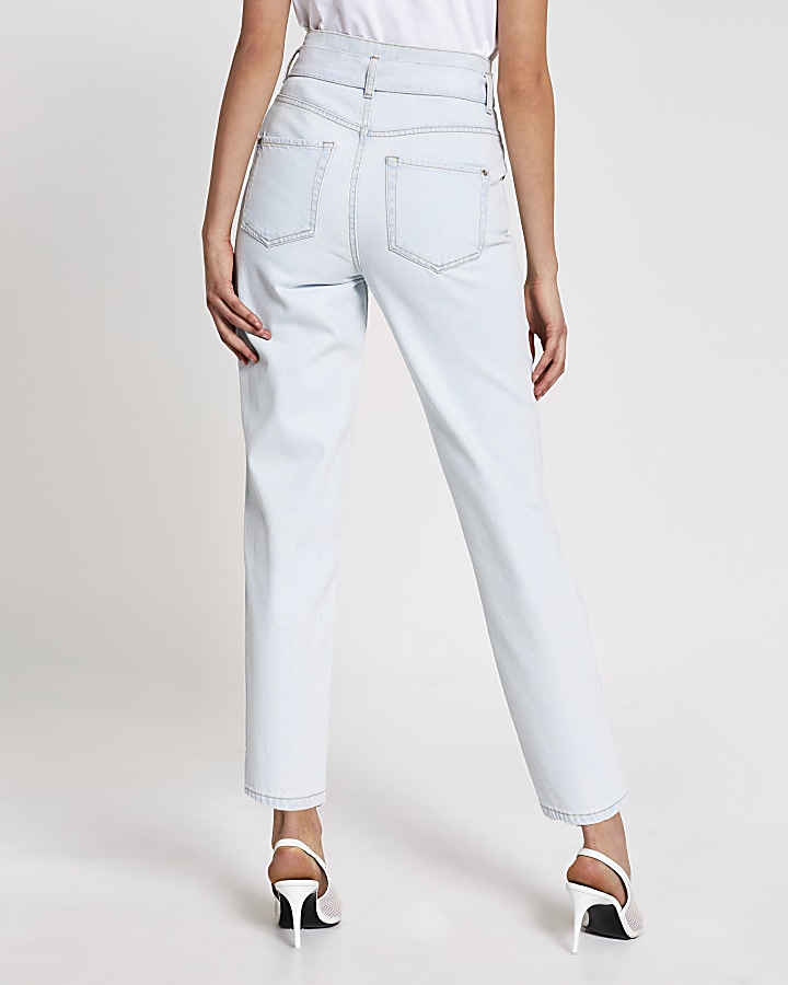 Light blue high rise belted tapered jeans
