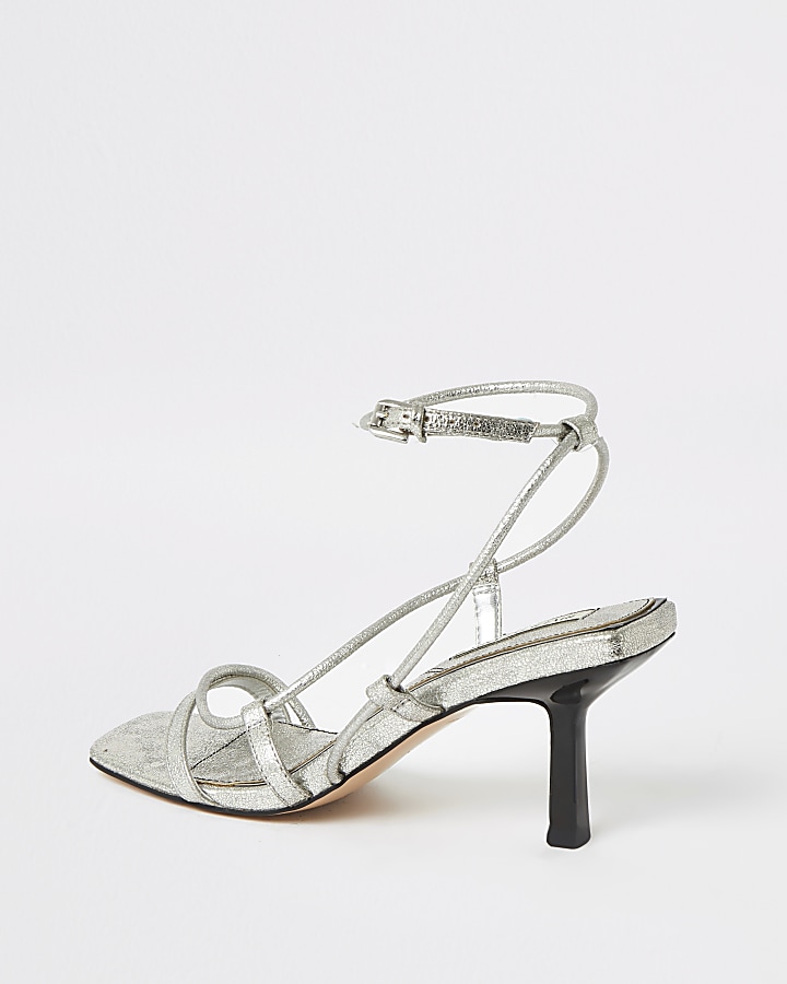 Silver metallic square toe midi heel sandals