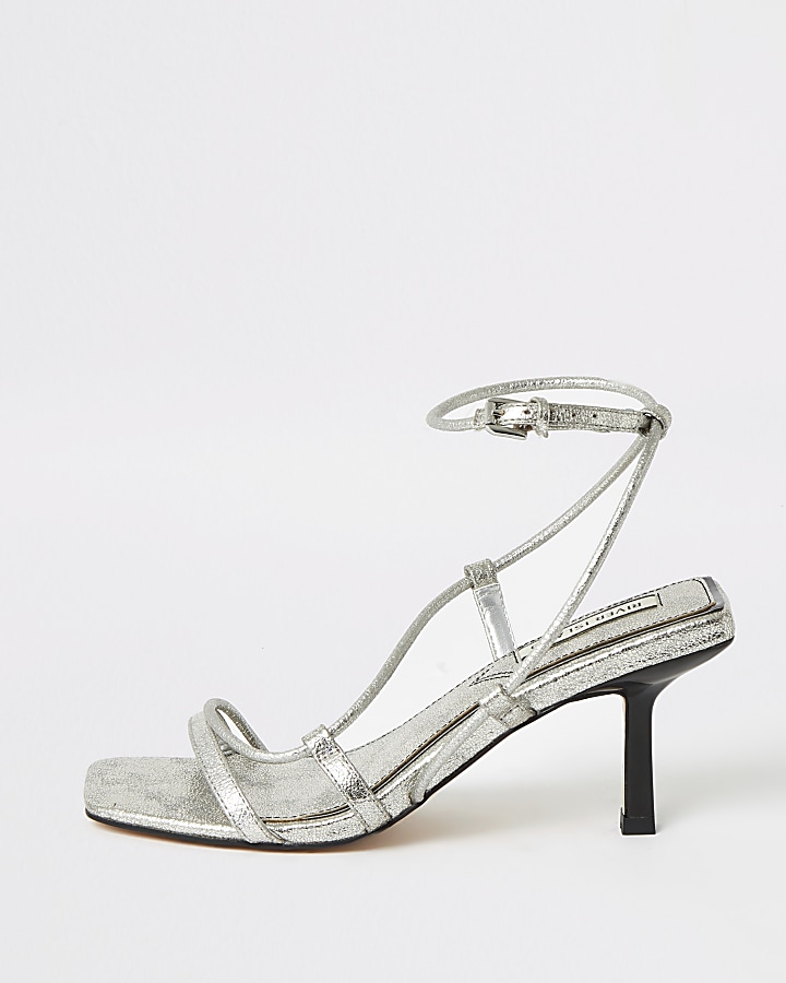 Silver metallic square toe midi heel sandals