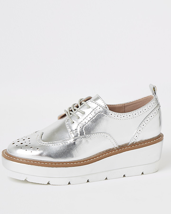 Silver lace-up flatform brogue shoes