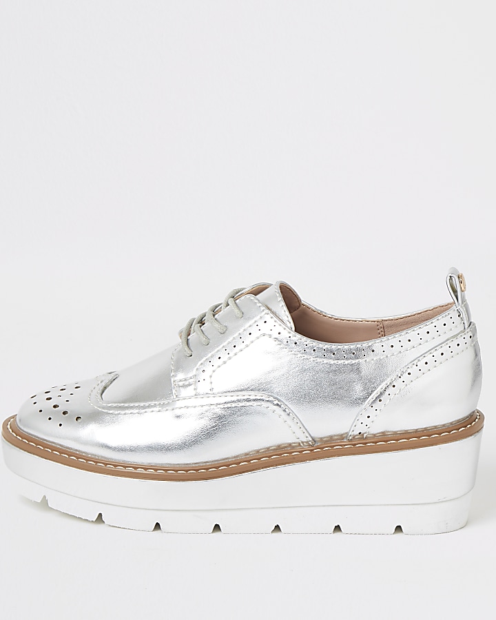 Silver lace-up flatform brogue shoes
