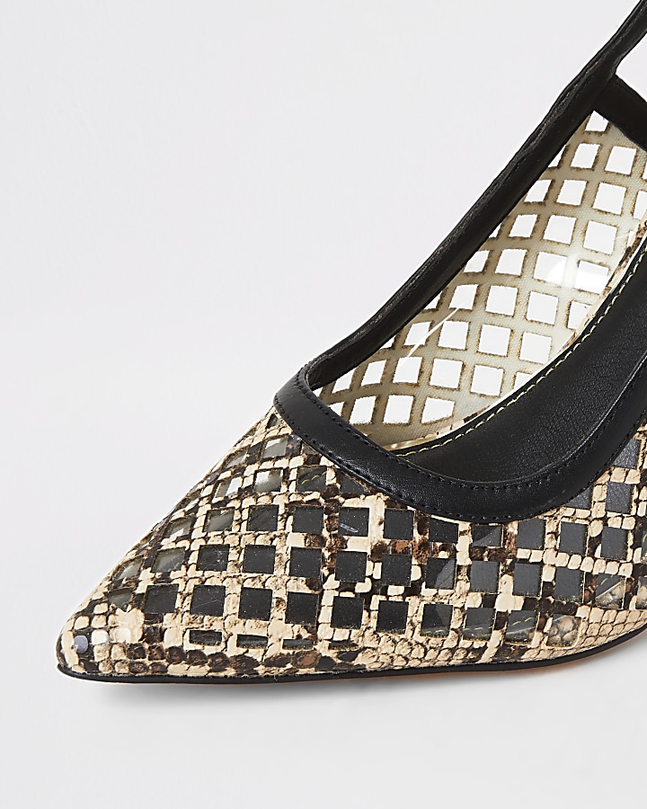 Brown snake print mesh perspex court shoes