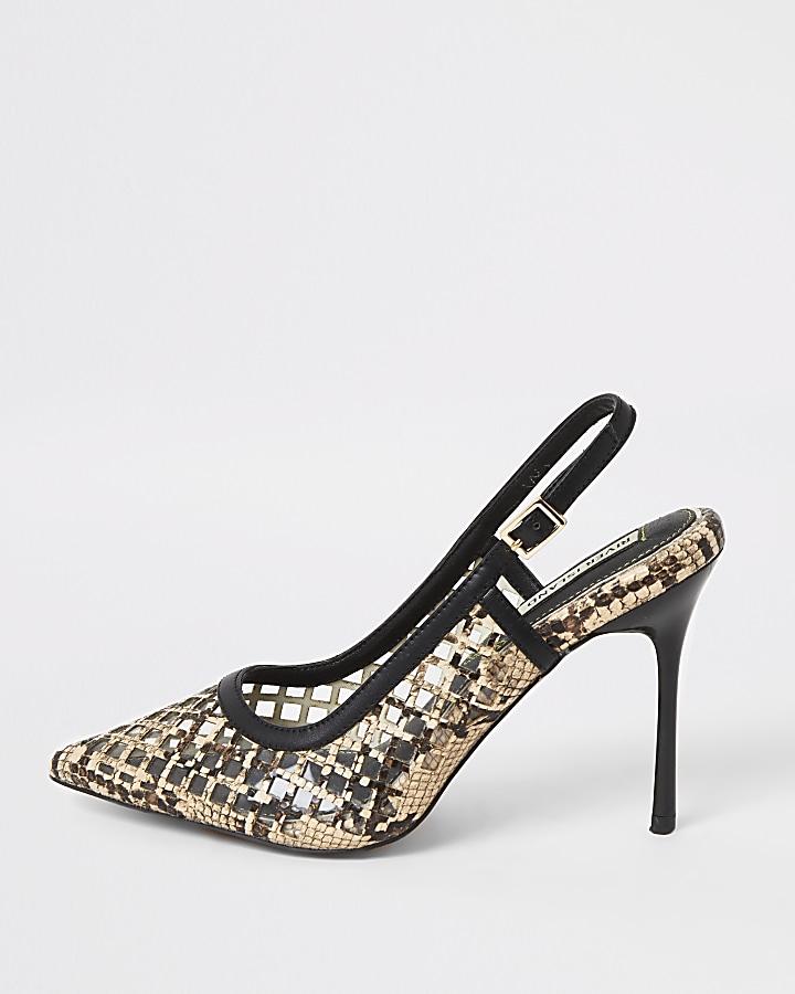 Brown snake print mesh perspex court shoes