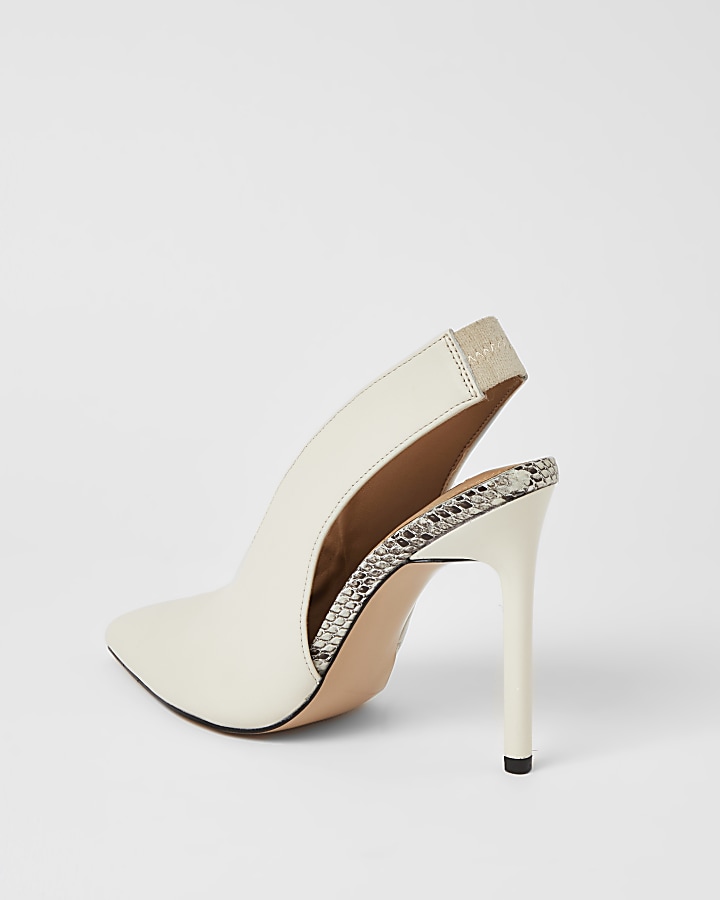 White leather V front slingback court shoes