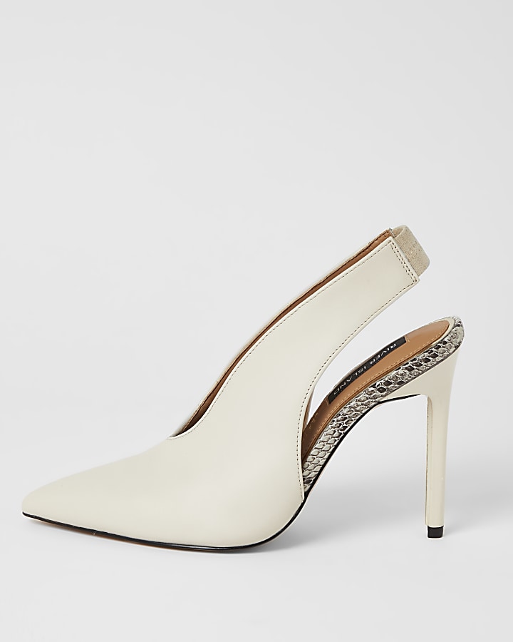 White leather V front slingback court shoes