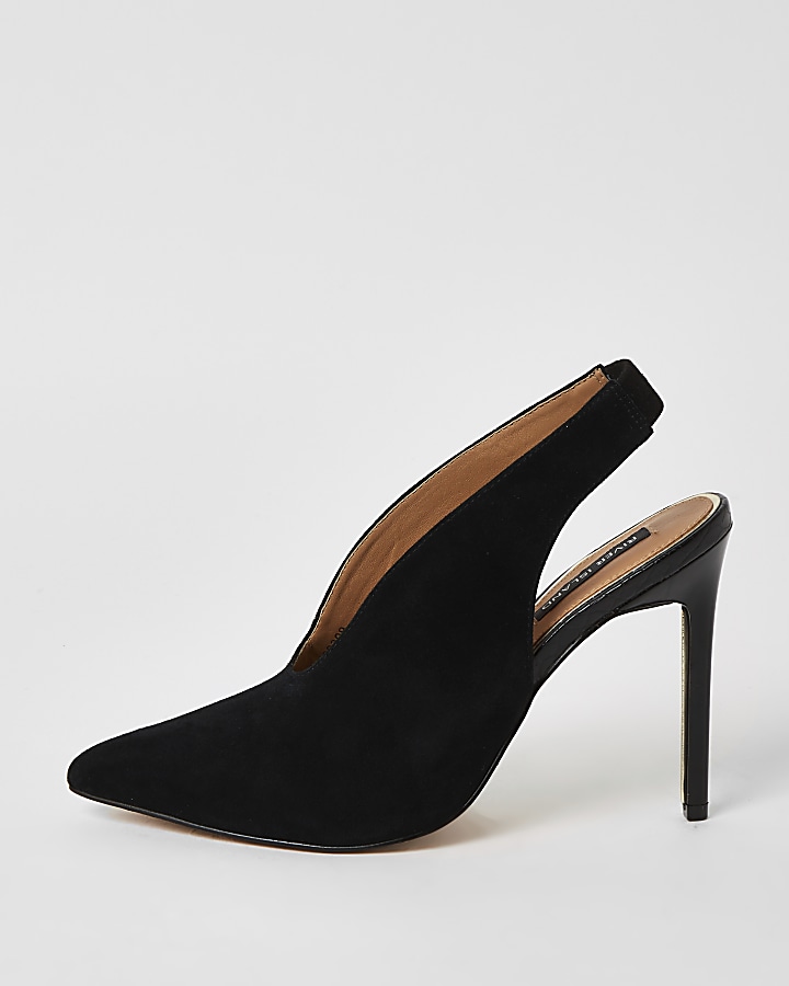 Black suede V front slingback court shoes
