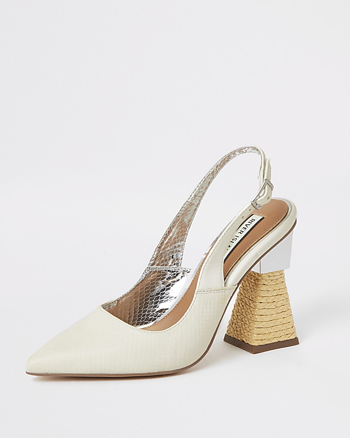 White slingback raffia heel court shoes