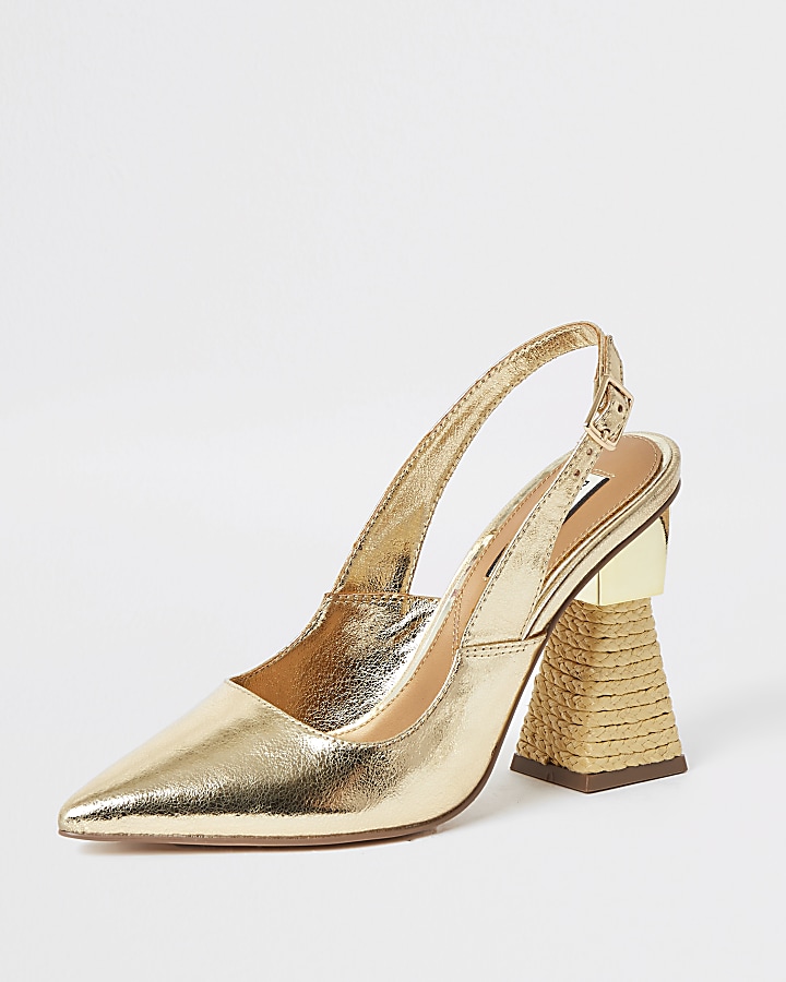 Gold slingback woven heel court shoes