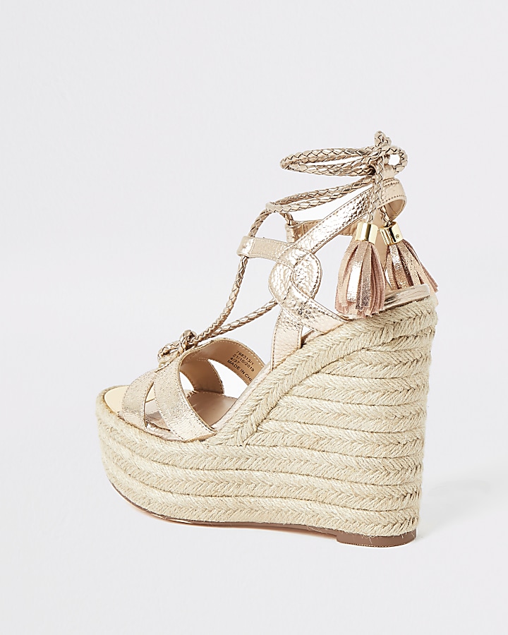 Gold metallic tie ankle high wedge sandals
