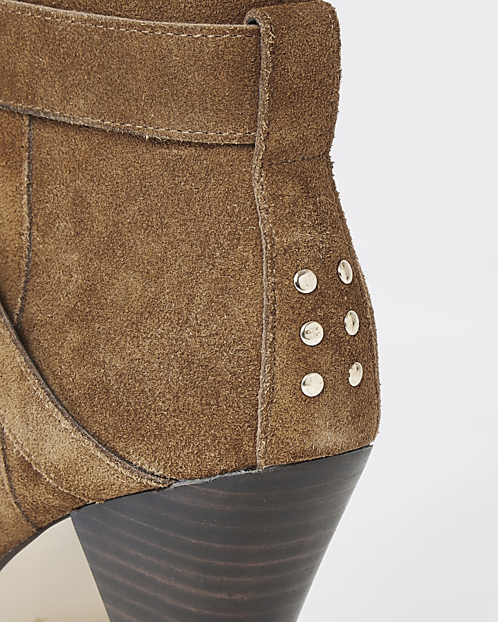 Brown suede strap heeled boots