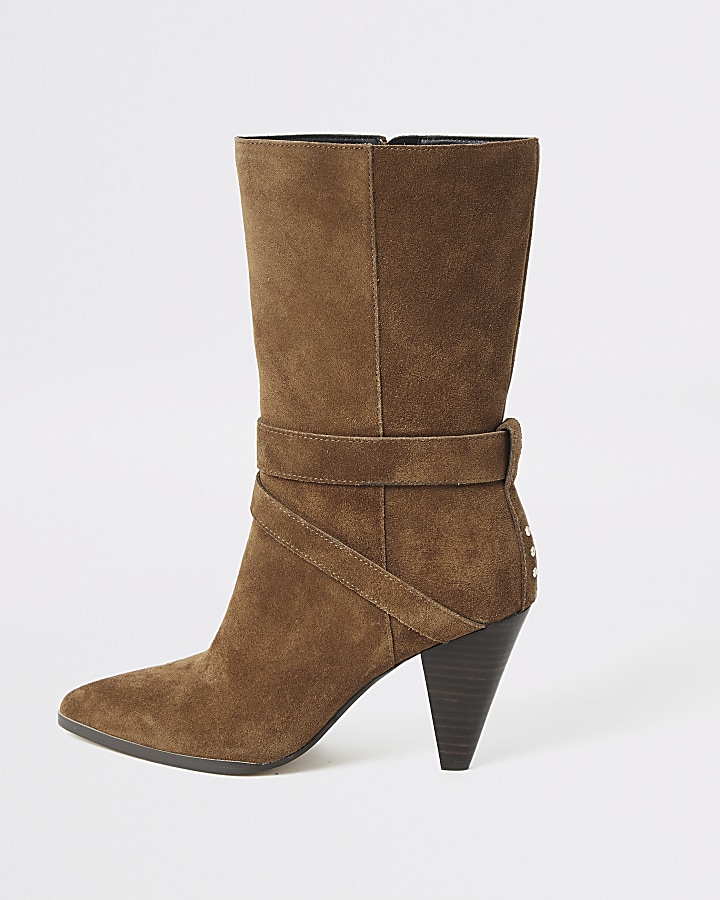Brown suede strap heeled boots