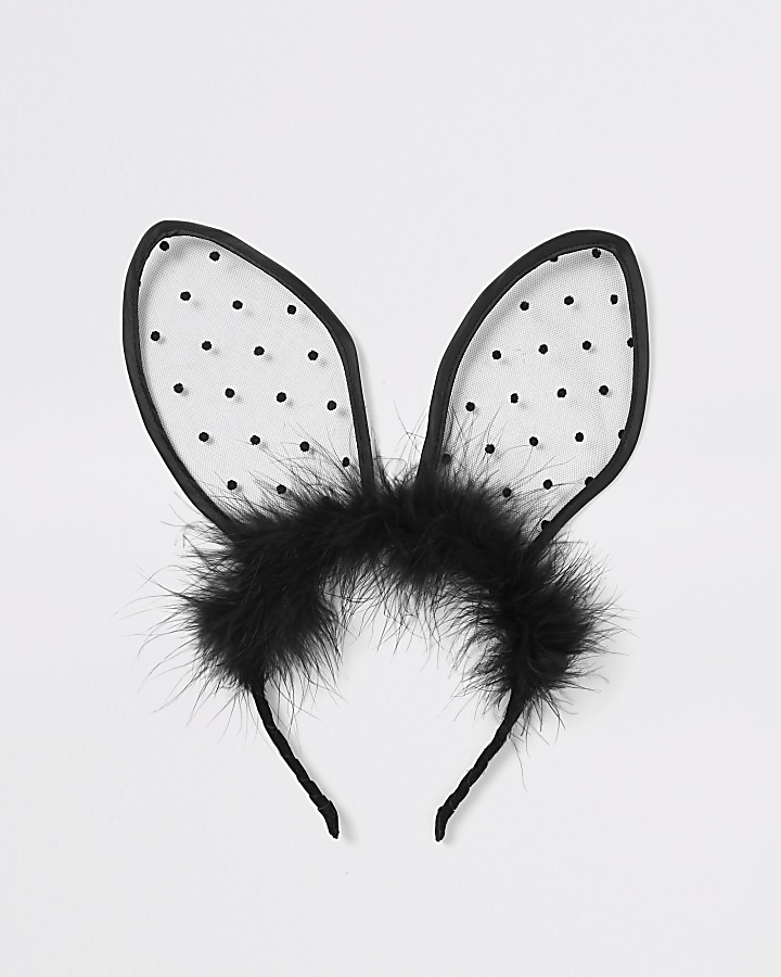 Black polka dot fluffy bunny ear headband