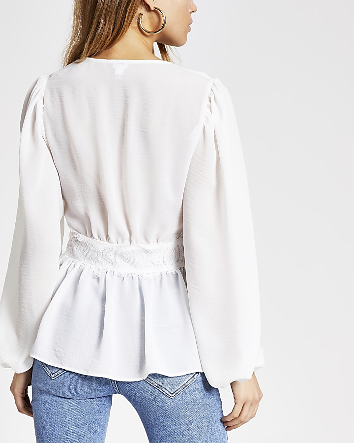 White lace waist button front blouse