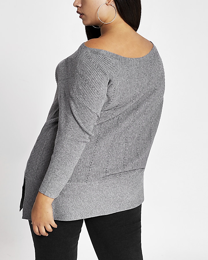 Plus grey asymmetric cable knitted jumper