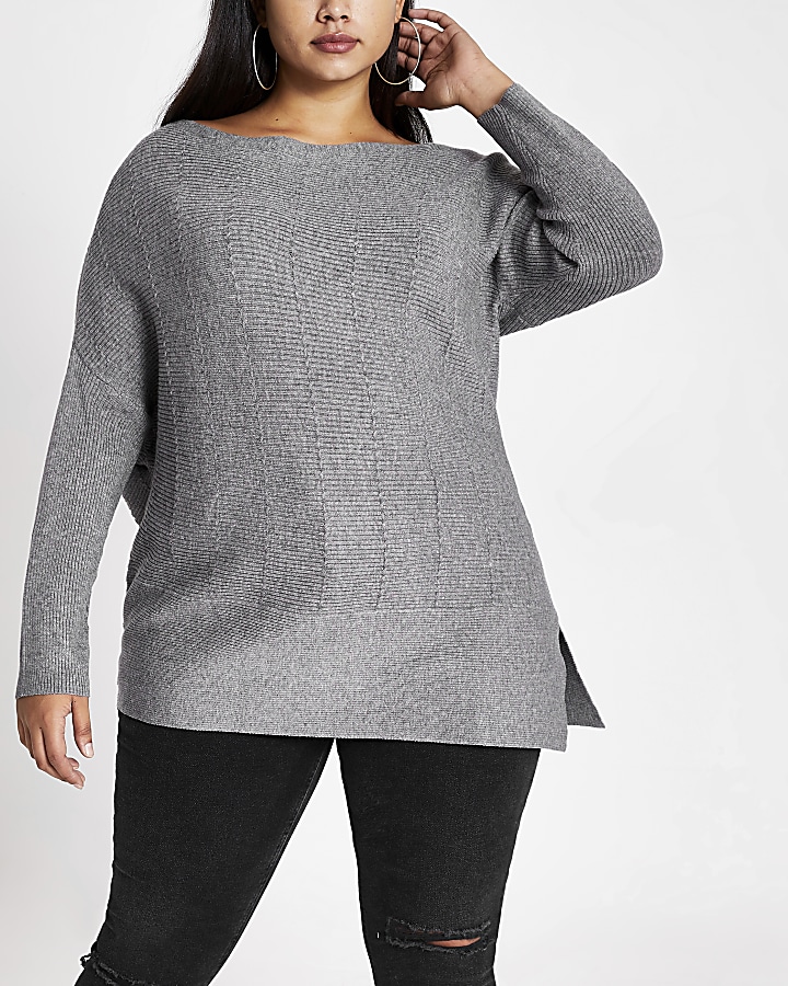 Plus grey asymmetric cable knitted jumper
