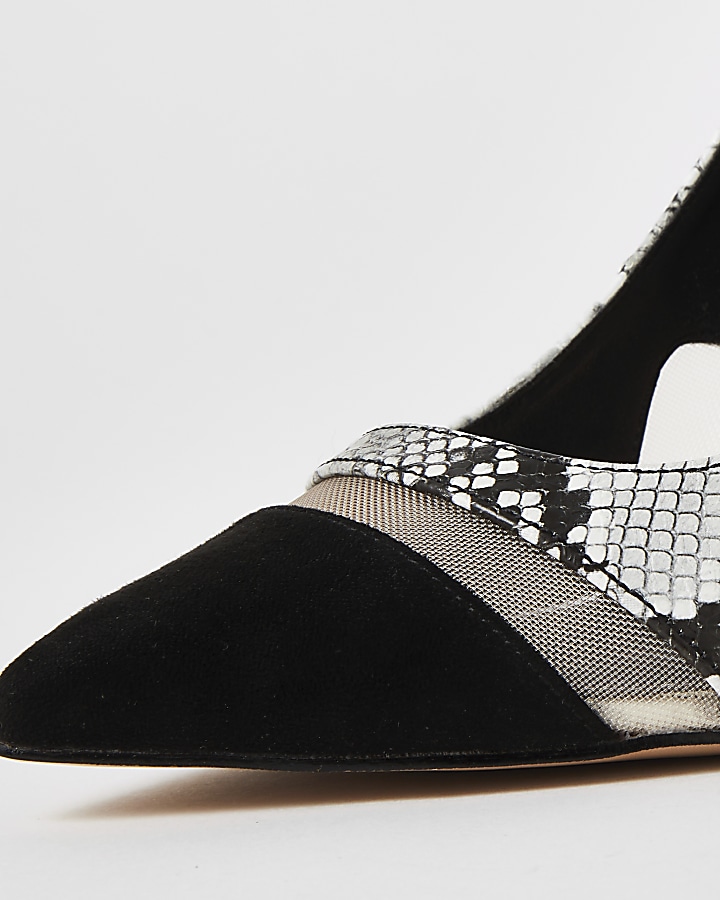Black snake printed mesh heeled court shoes