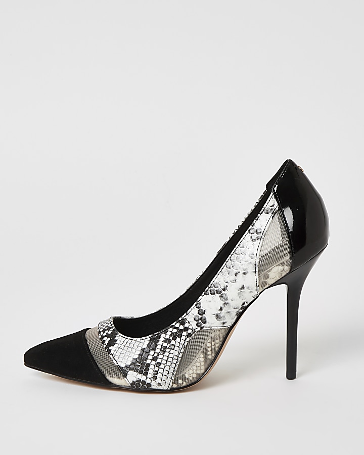 Black snake printed mesh heeled court shoes