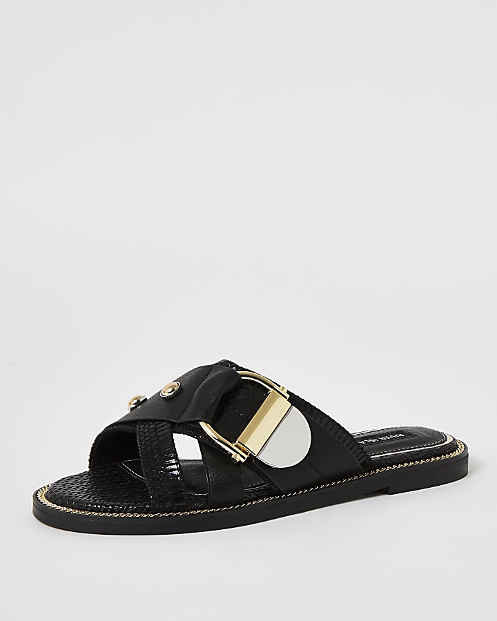 Black buckle studded strap Mule sandals