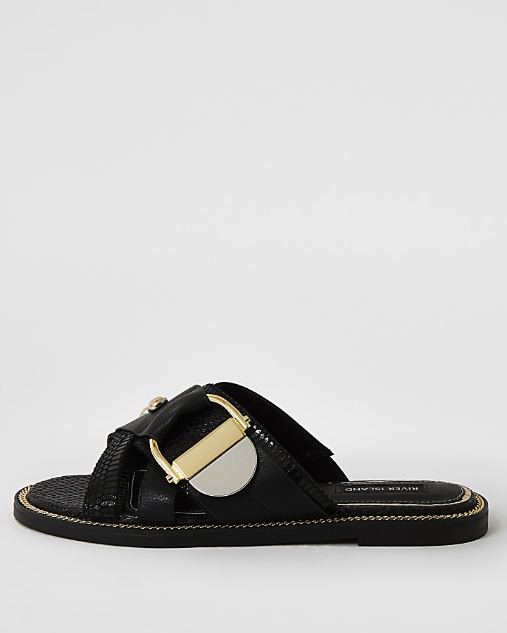 Black buckle studded strap Mule sandals