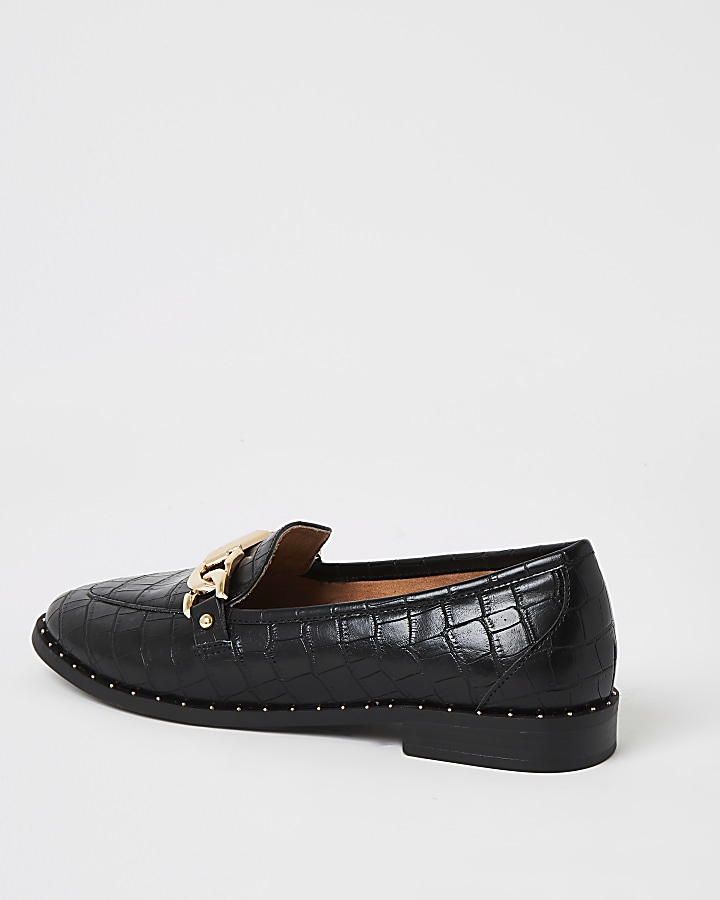 Black croc embossed studded loafers