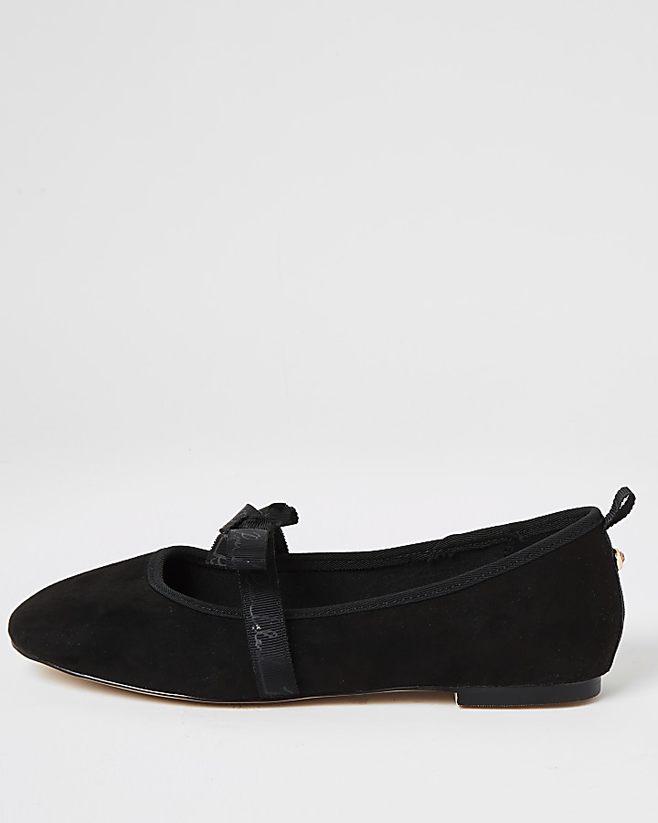 Black suedette bow strap ballet shoes