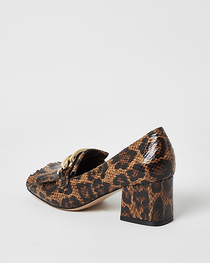 Brown leopard print block heel loafers