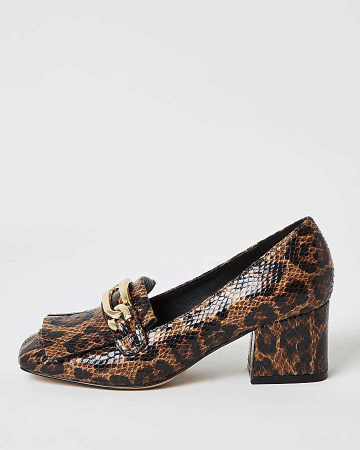 Brown leopard print block heel loafers