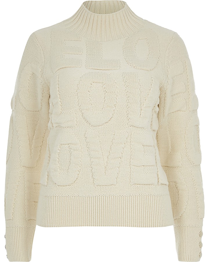 Cream 'Love' turtle neck knitted jumper