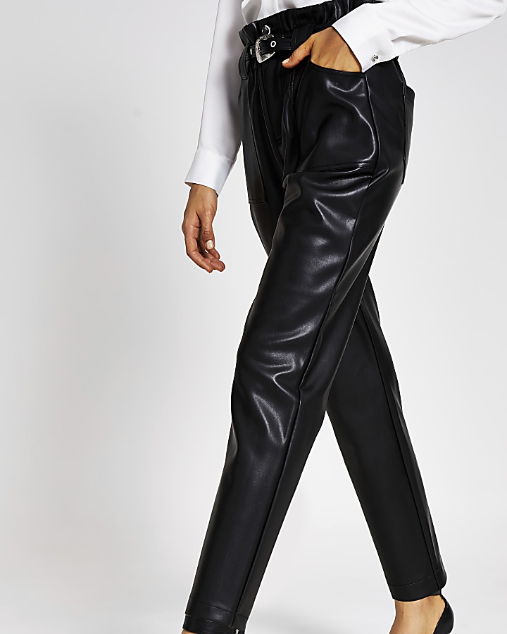 Black faux leather belted peg trousers