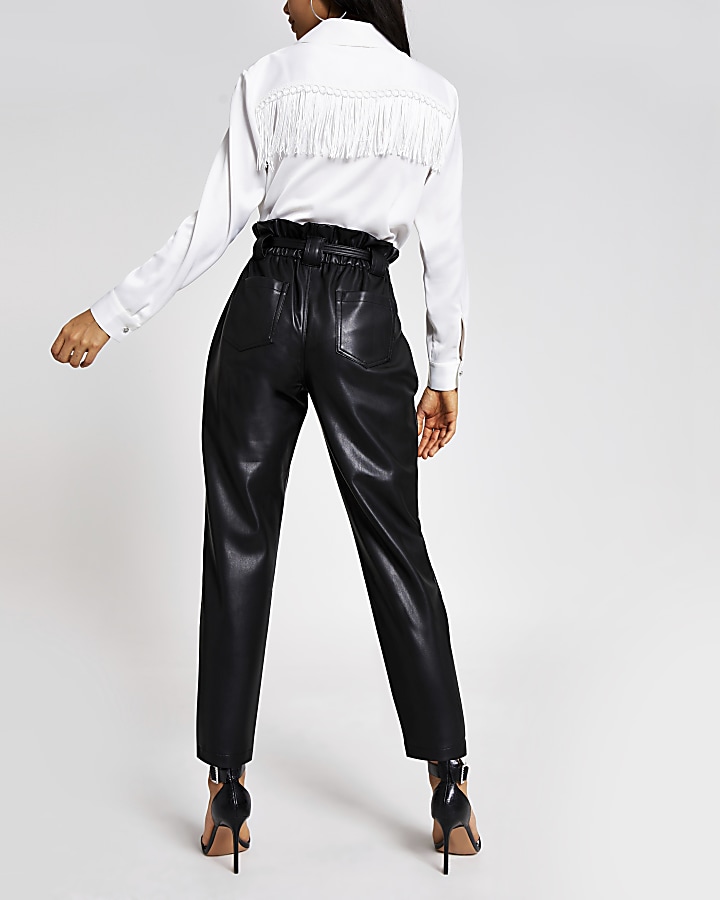 Black faux leather belted peg trousers