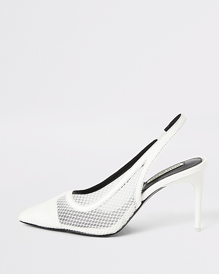 White mesh slingback heeled court shoes