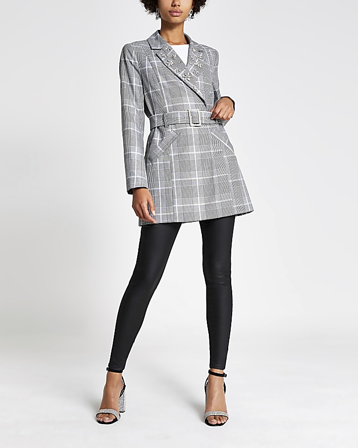 Grey check embellished belted longline blazer