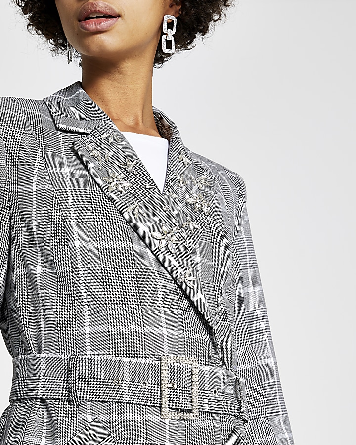 Grey check embellished belted longline blazer