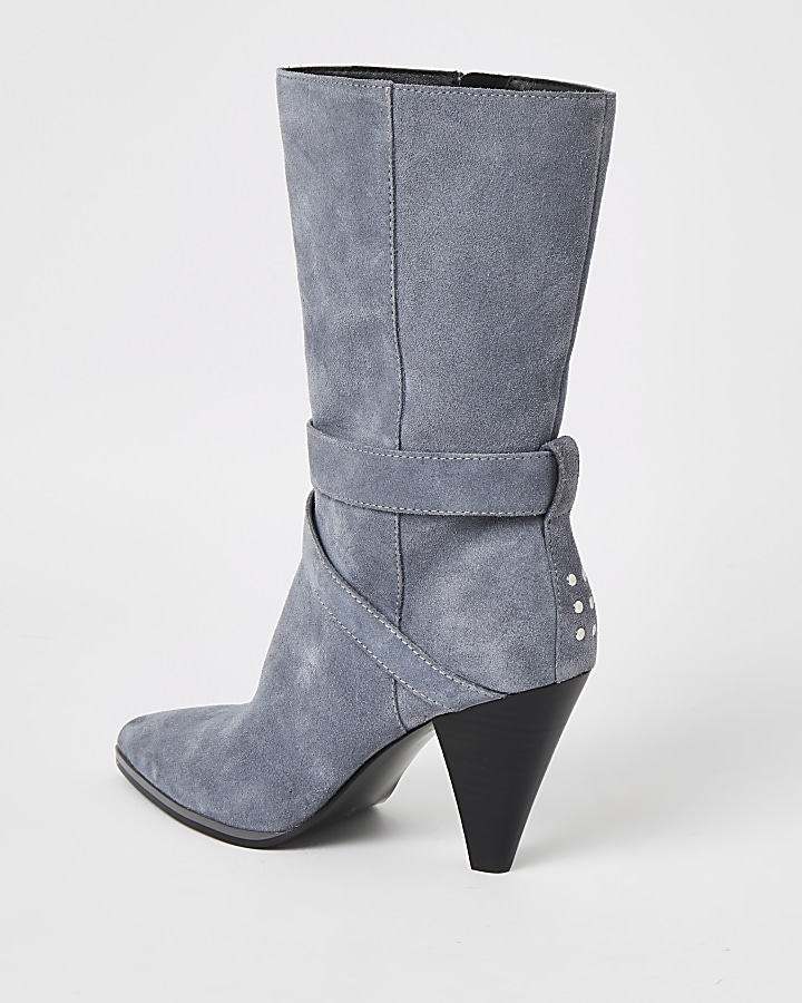 Blue suede strap heeled boots