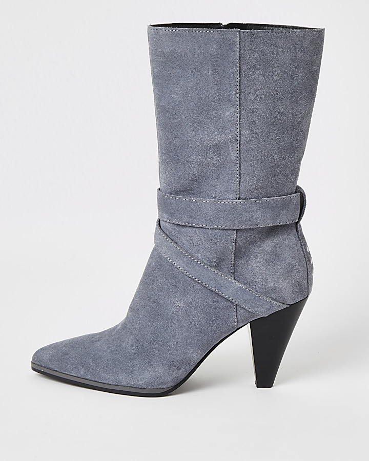 Blue suede strap heeled boots
