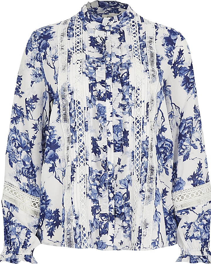 Blue floral print frill embroidered blouse