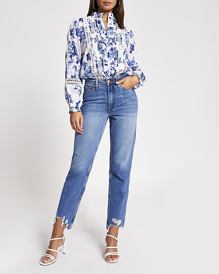 Blue floral print frill embroidered blouse