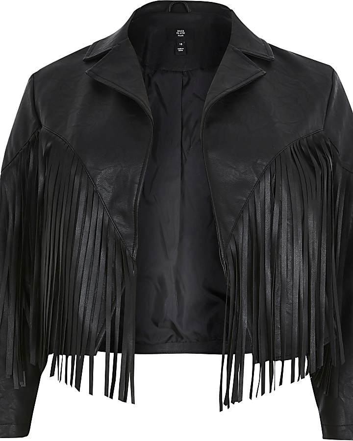 Plus black faux leather fringe crop jacket