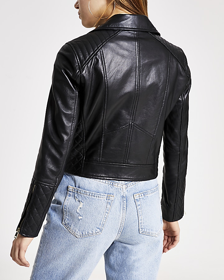 Petite black leather quilted biker jacket