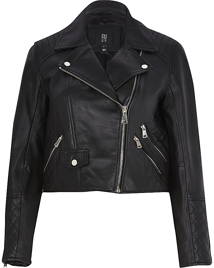Petite black leather quilted biker jacket