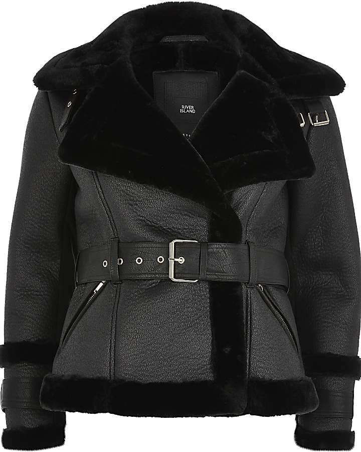 Petite black shearling belted jacket