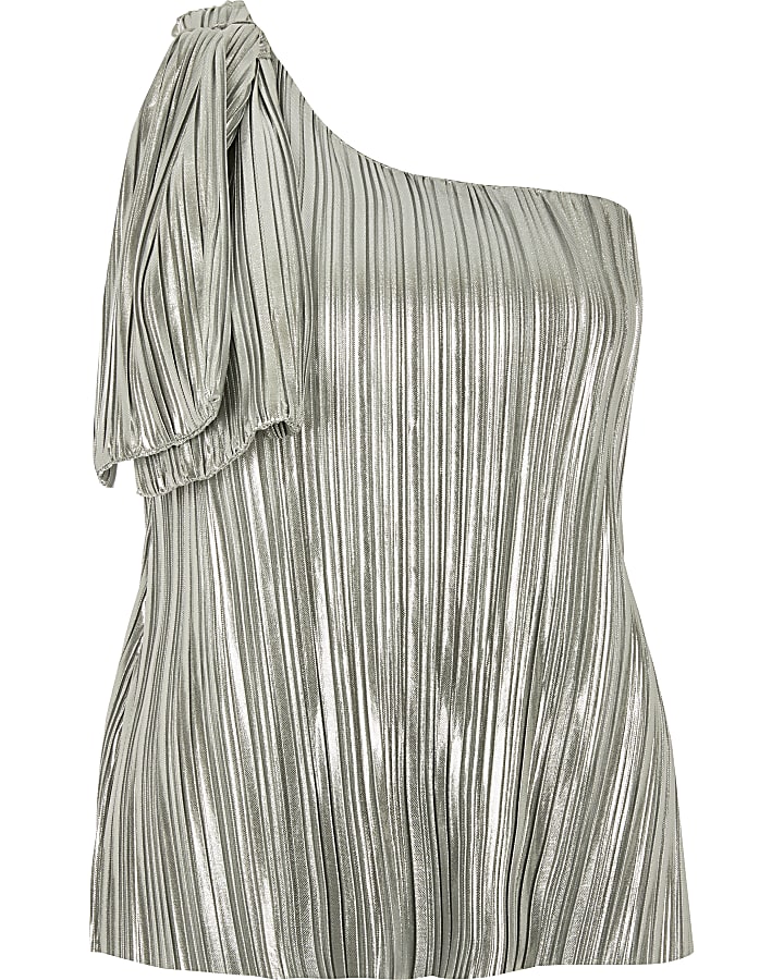 Silver pleated one asymmetric shoulder top