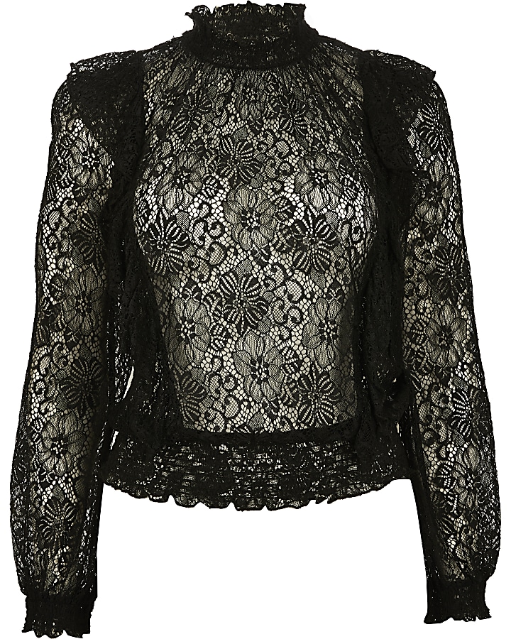 Black sheer lace long sleeve frill blouse