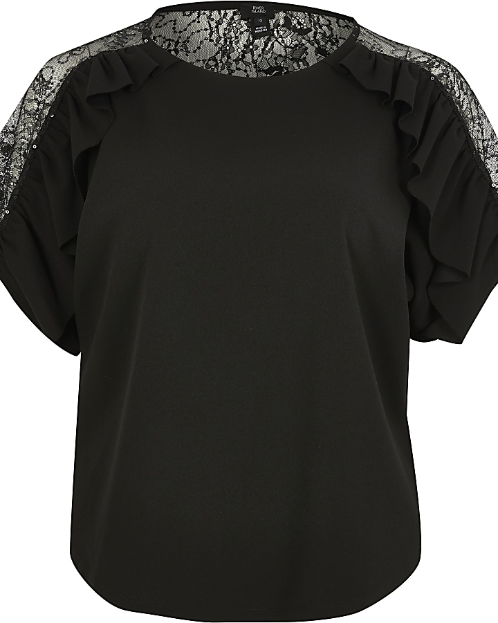 Black sheer lace sleeve frill top