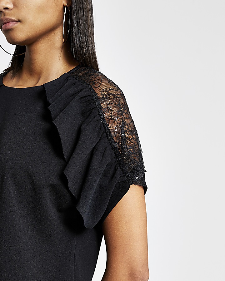 Black sheer lace sleeve frill top