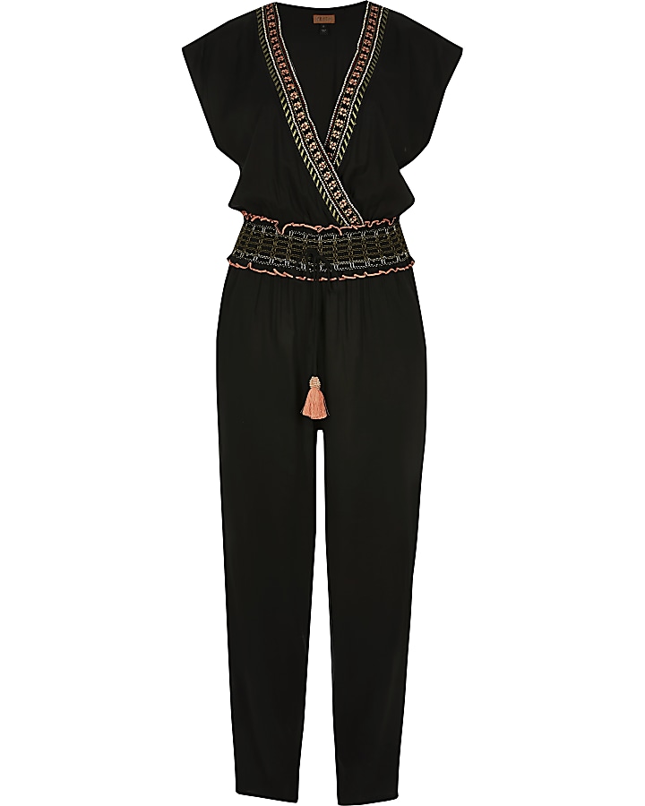 Black embellished V neck beach jumpsuit