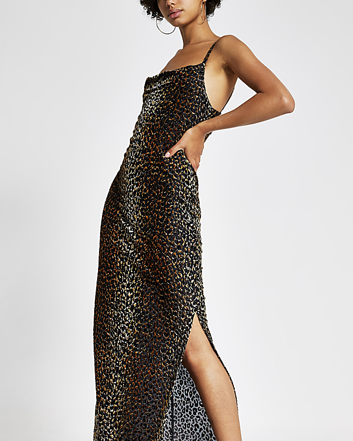 Brown leopard print devore maxi slip dress